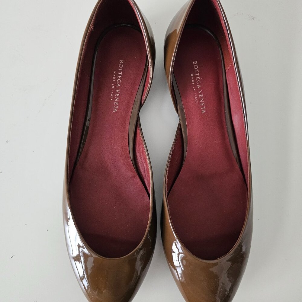 NIB BOTTEGA VENETA Chene Brown Patent Leather Scarpa Pelle Shoes Flats 36C/6C